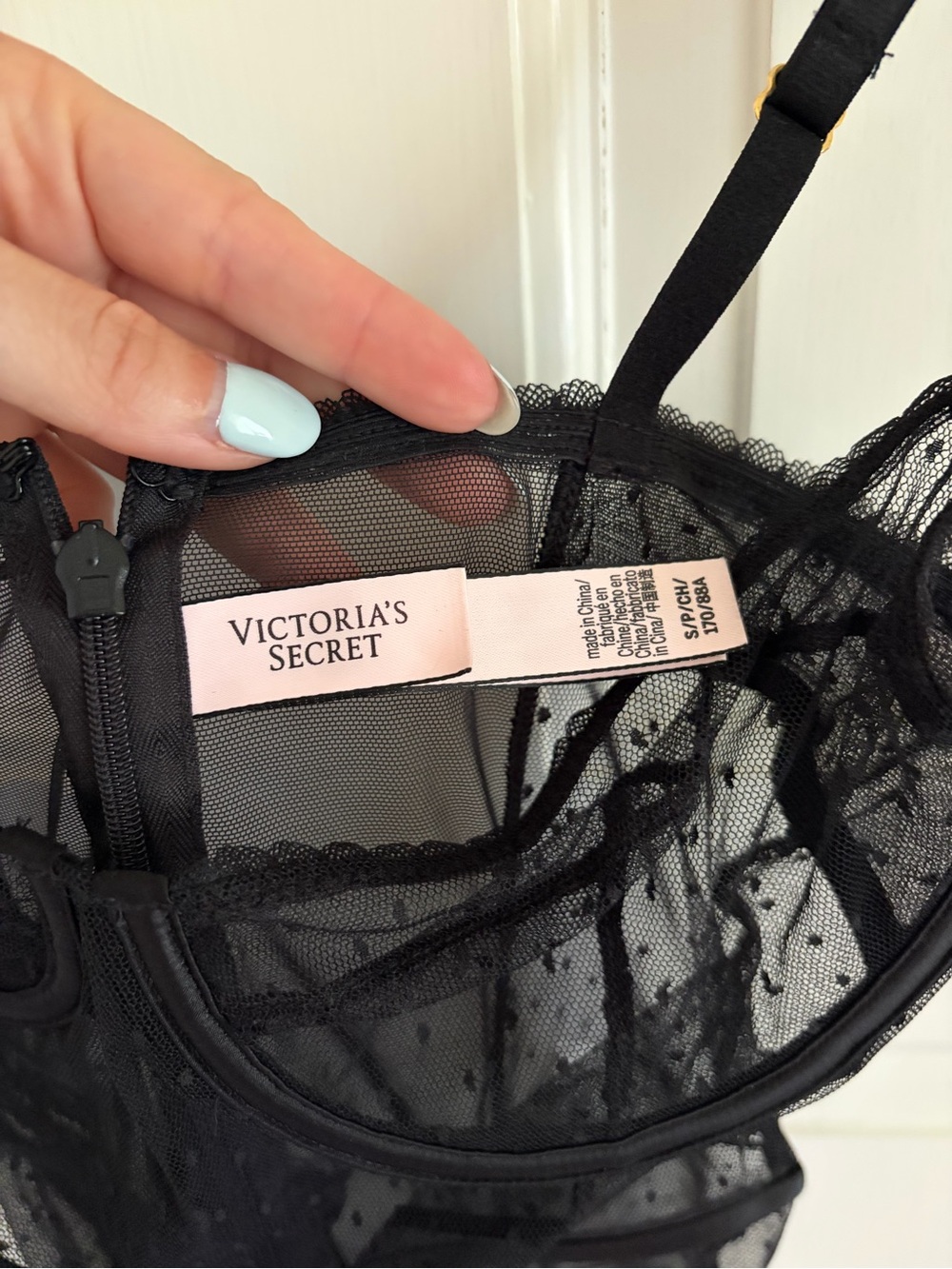 Victoria's Secret Black Sheer Dot Mesh Bustier Camisole with Garter Straps - Picture 2 of 3